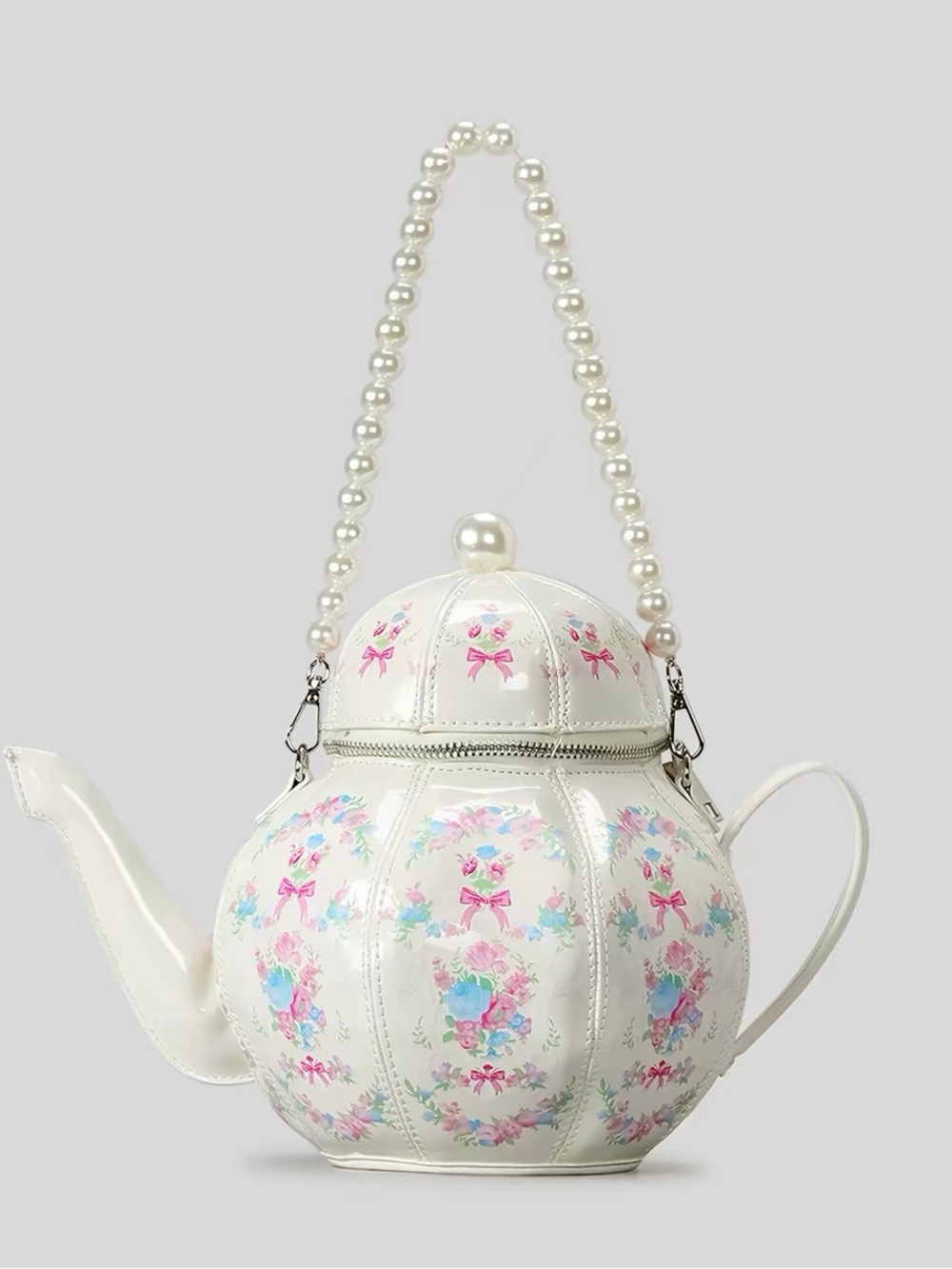 Pearl-Handle White Floral Teapot Crossbody Bag